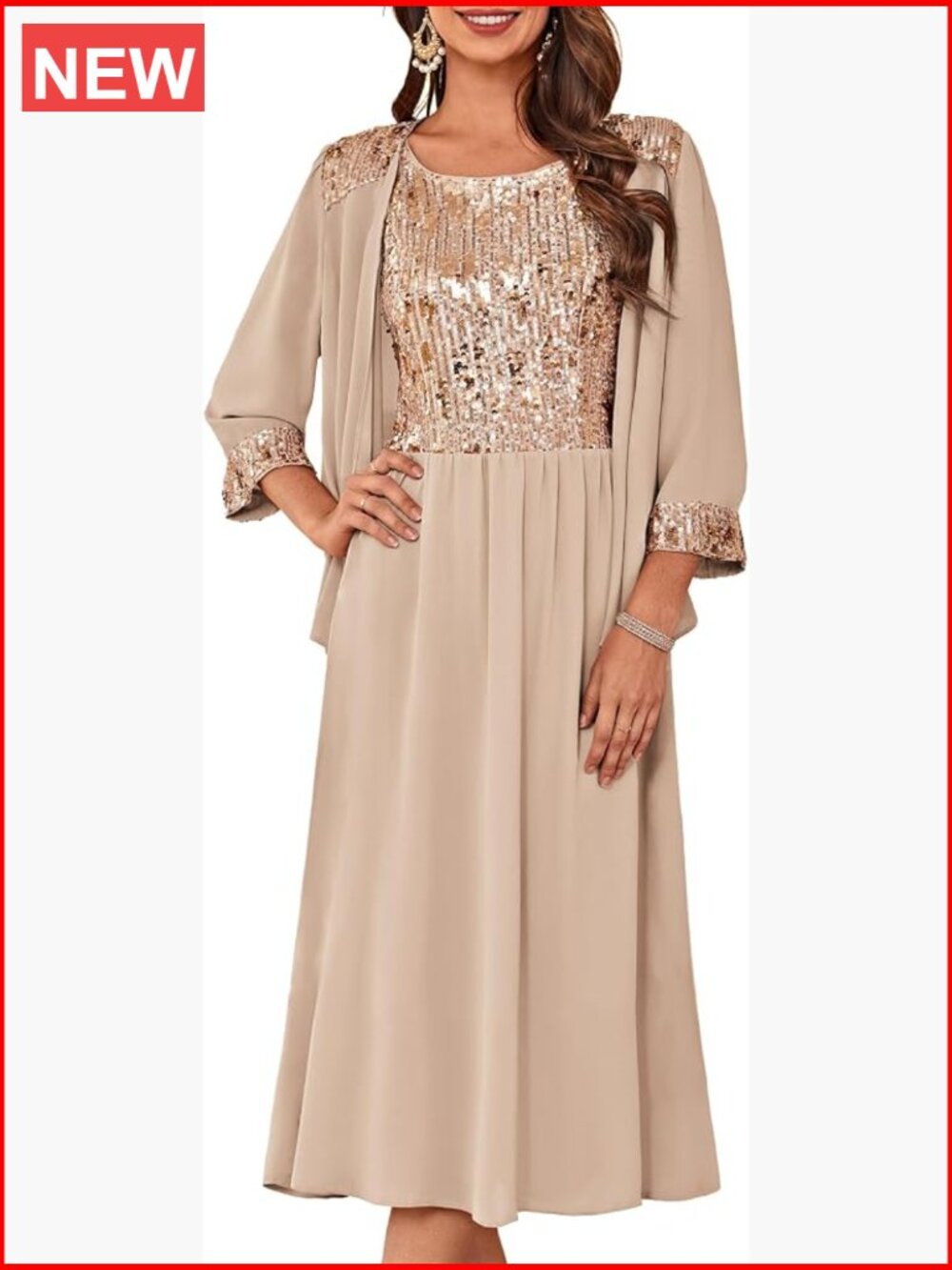 Two Piece Formal Sequin Jacket Dress Tea Length